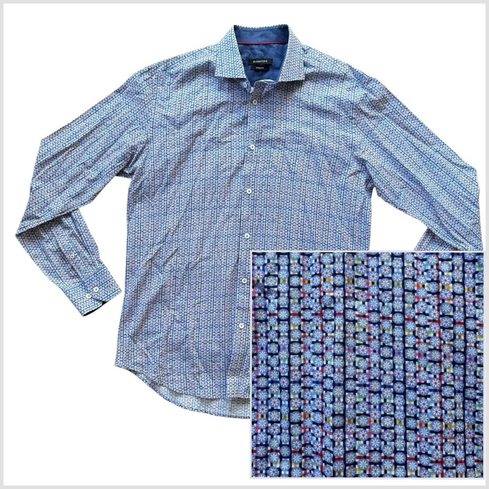 Bugatchi Large Shaped Fit Blue Geo Long Sleeve Button Up Men's Shirt